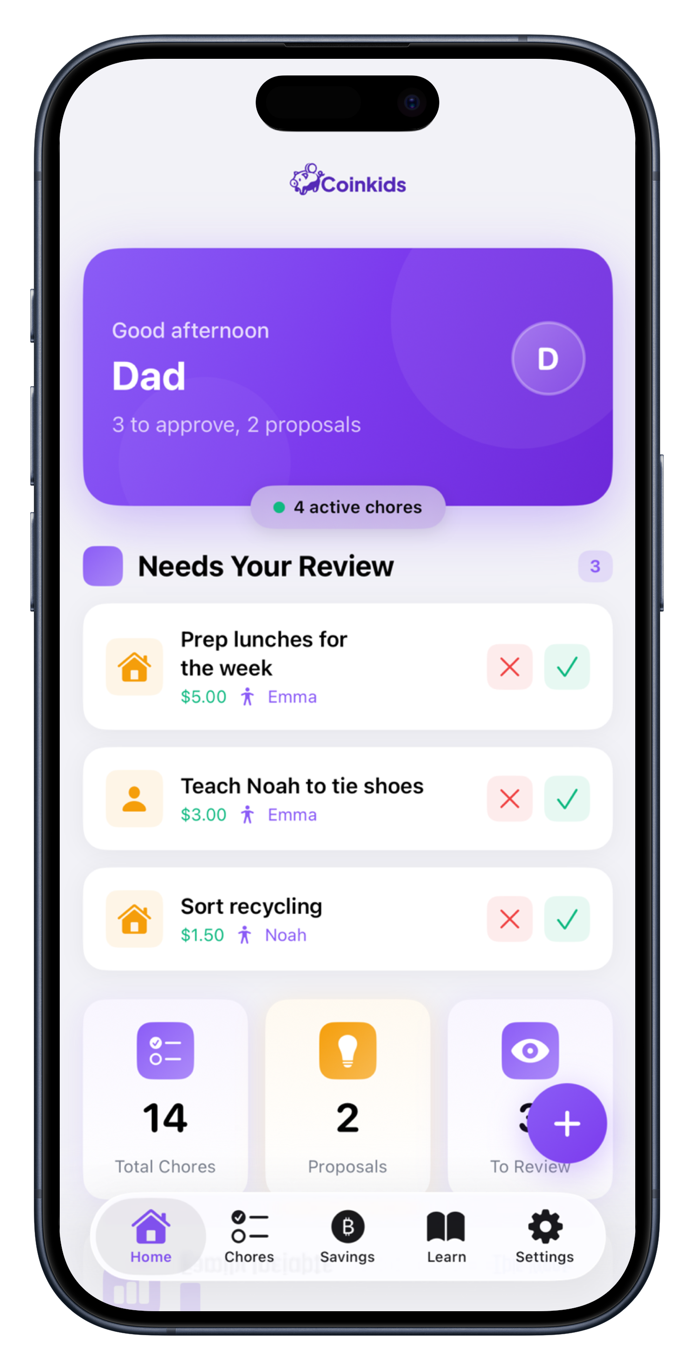 Coinkids parent home — Needs Your Review queue with chore approvals